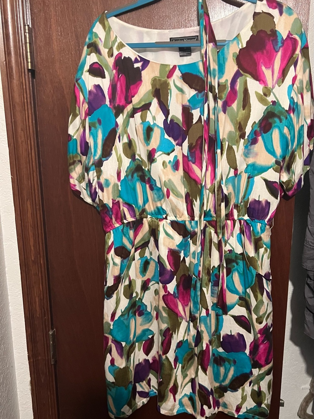 Jessica Howard Cream Floral Dress with Teal, Fuchsia & Olive Accents